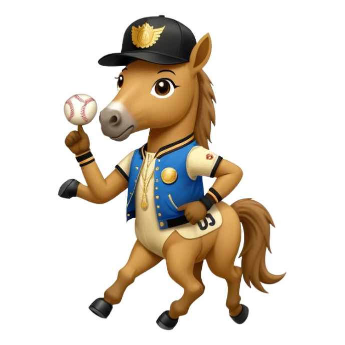 friendly anthropomorphised horse in RUN DMC style outfit, gold medal, baseball hat sticker
