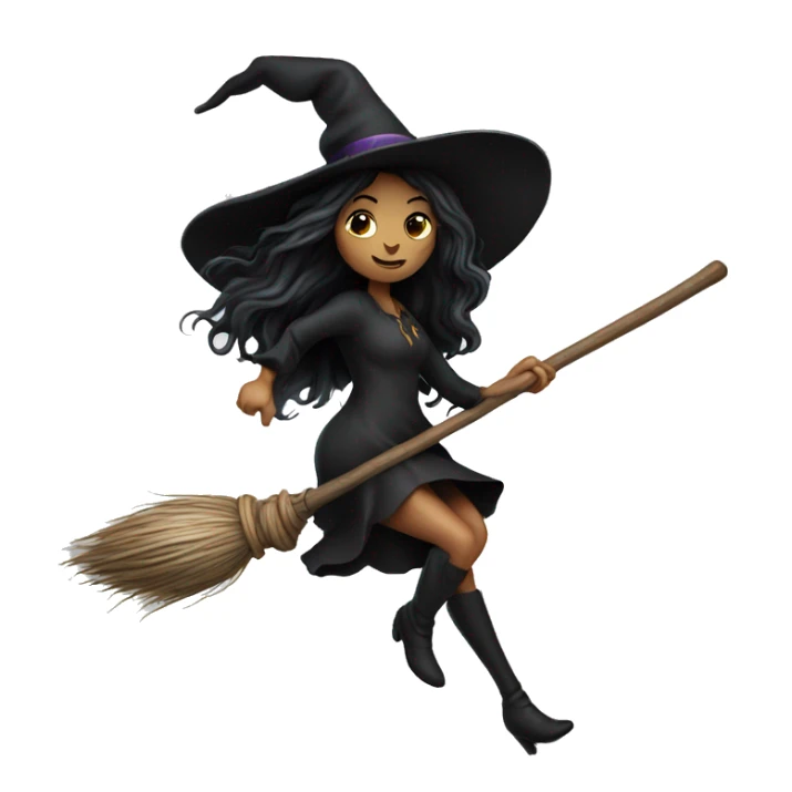 dark long hair witch flying on a broom white skin sticker