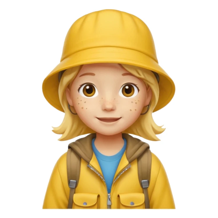 Little student wears yellow bucket hat and jacket, backpack, happy sticker