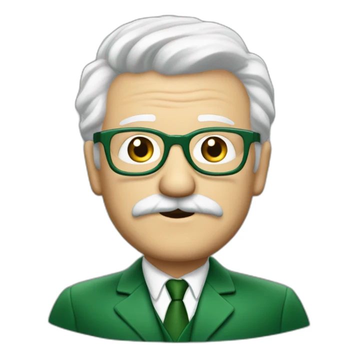 meester frank visser white hair, white mustache and glasses. Nice green suite sticker