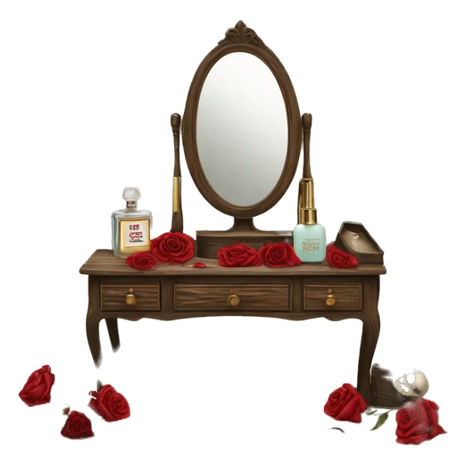 Old wood vanity with dead red roses vintage makeup and perfume  sticker