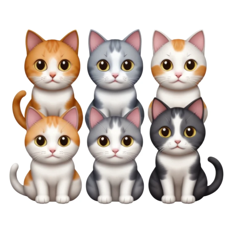 4 different coloured short haired cats including; a dark brown and white cat, and a dark grey and white, and a calico sticker