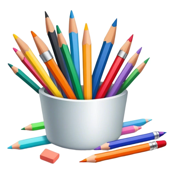Drawing tools, colored pencils, brushes, markers, pastels, sketching, artistic tools scattered, vibrant colors, clean lines, minimalistic, on a white background, no extra details. sticker