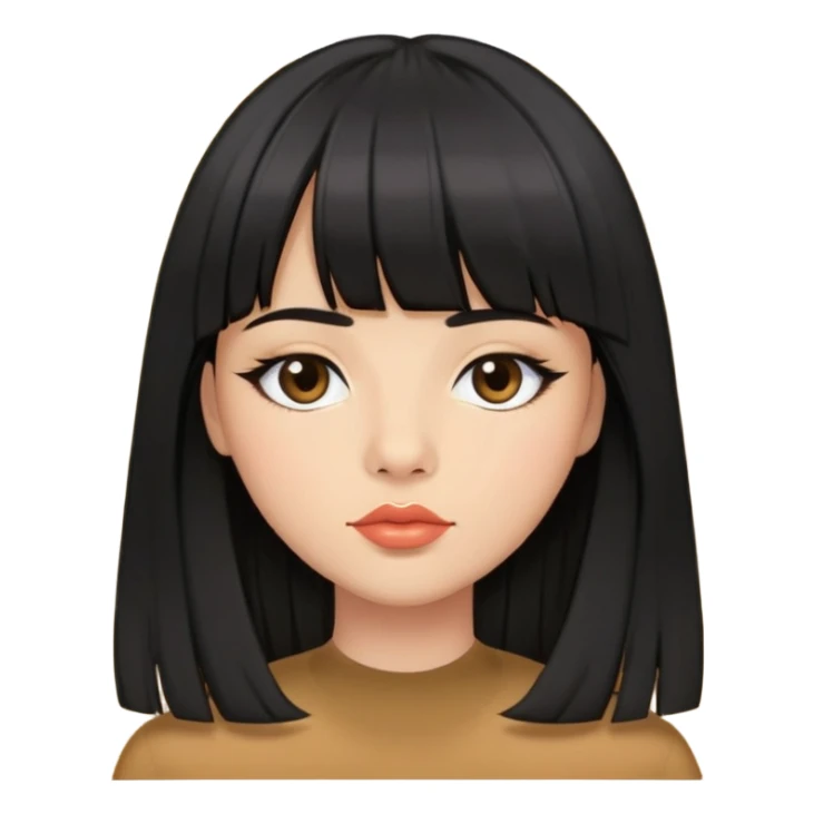 Black long straight hair, double eyelids hair, curtain bangs, plump lips, medium eyebrows, button nose sticker