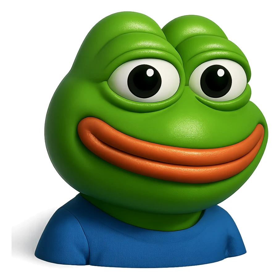 make a pepe in bright green smiling and looking straight at the camera in 3d style, good highlights and shadows, drop shadows sticker