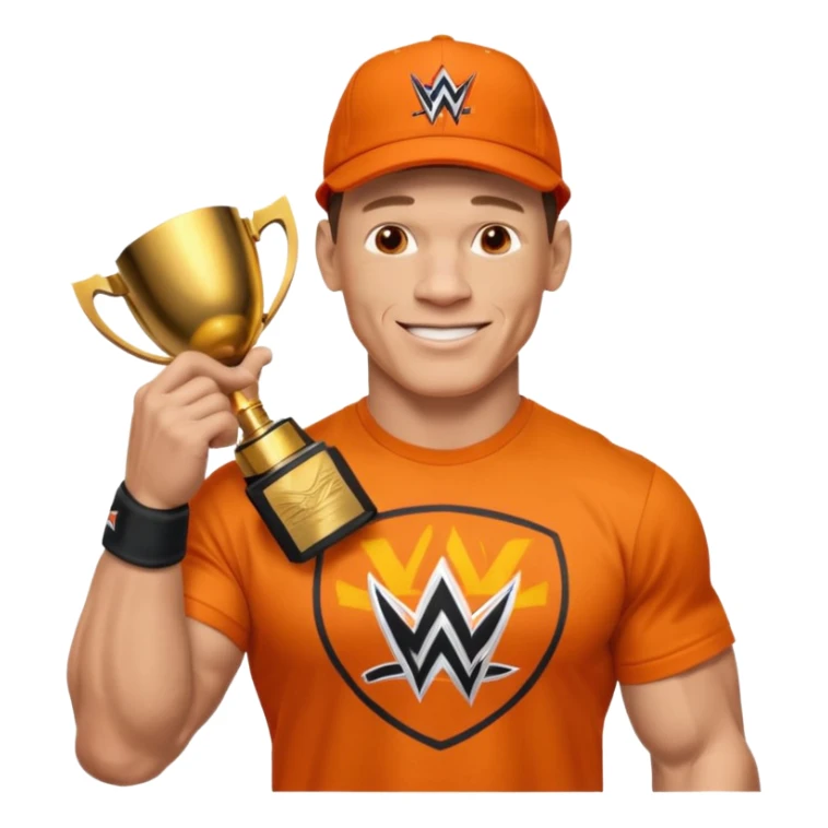 John Cena in orange cap and tshirt with wwe championship sticker