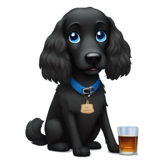 Long haired black dog with blue eyes sipping whiskey at a party sticker