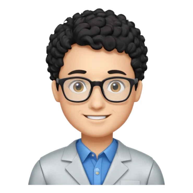 a boy robotics teacher, with black curly short hair, wearing glasses sticker