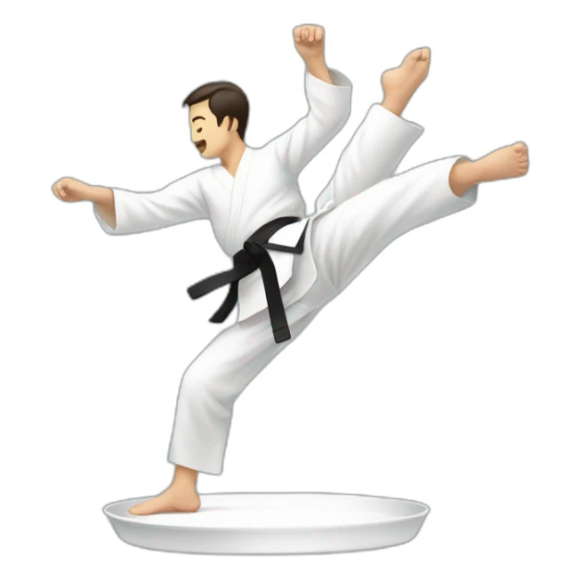 A man doing taekwondo, kicking, and on his foot there is a plate sticker