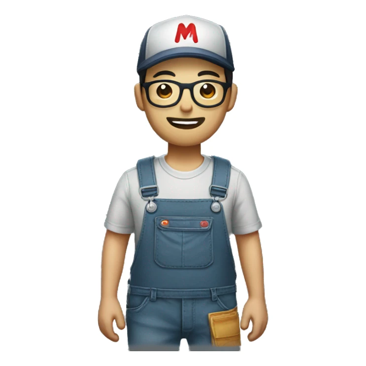 An Asian man with a beard and glasses, wearing an overalls and a button-up shirt and a dark cap with a red letter "M" design sticker