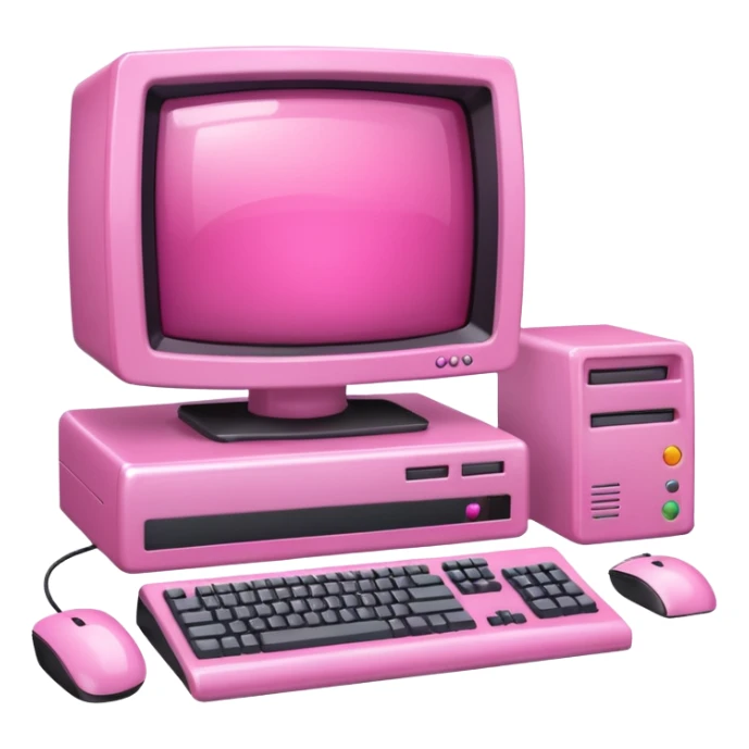 shiny pink translucent 90s computer with CRT monitor, keyboard, PC tower, mouse sticker