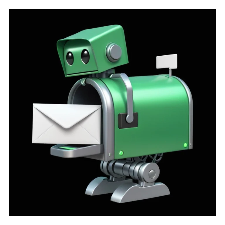green mailbox robot, futuristic style, black background, glowing details, white envelope with code inside, modern tech aesthetic
 sticker