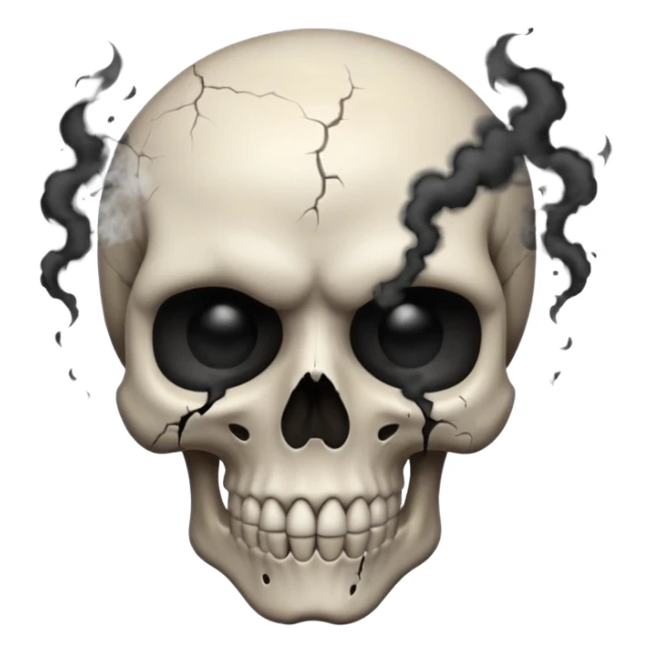 iOS style emoji, dark fantasy skull, cracks, black smoke from eyes, soft light, stylized sticker