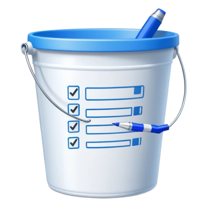 bucket with a pen and a checklist sticking out, playful and inviting sticker