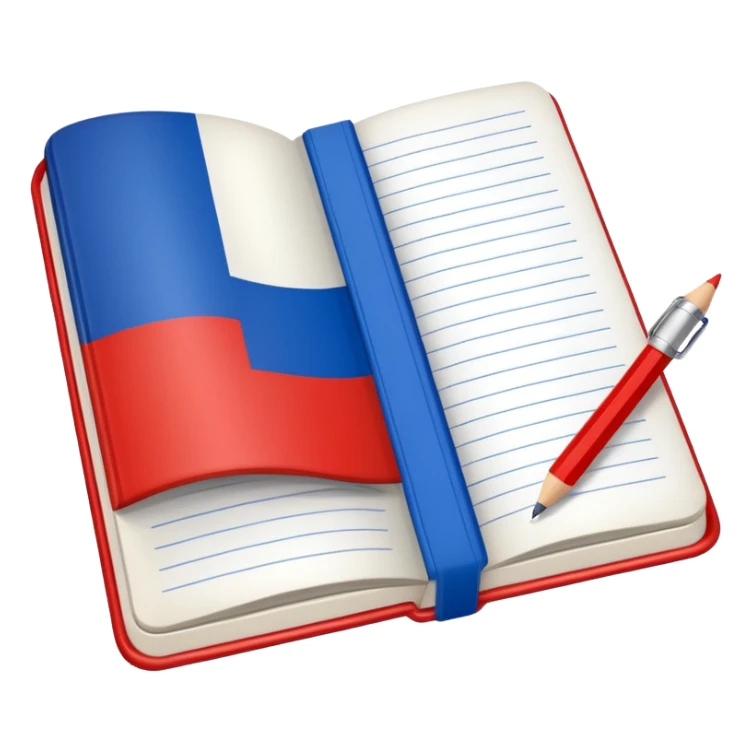 book with Russian flag colors, open notebook and pencil nearby sticker