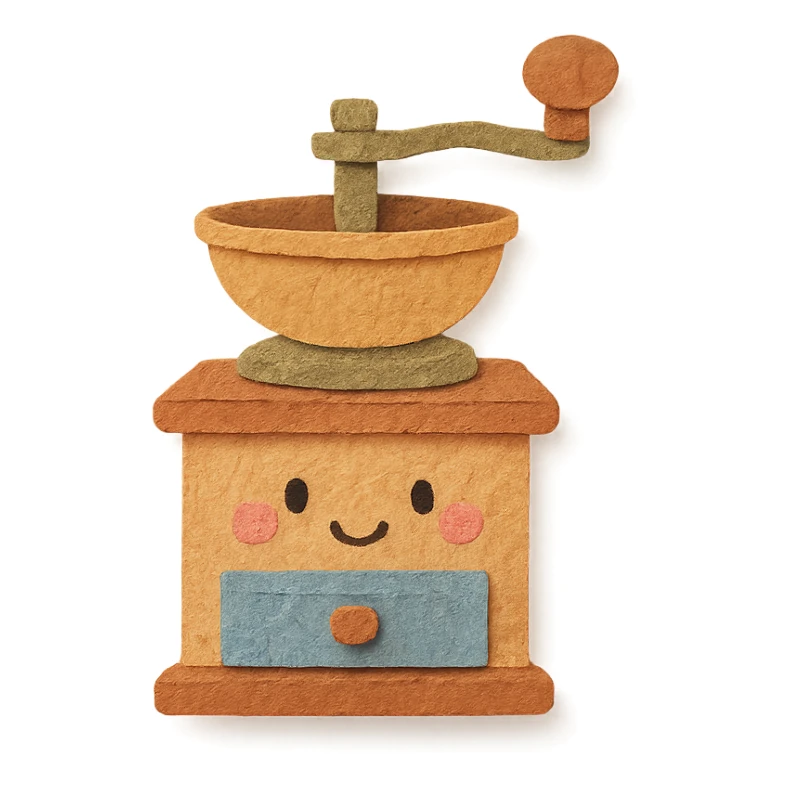 vintage coffee grinder, full body, cute face, hand-drawn soft pastel style sticker