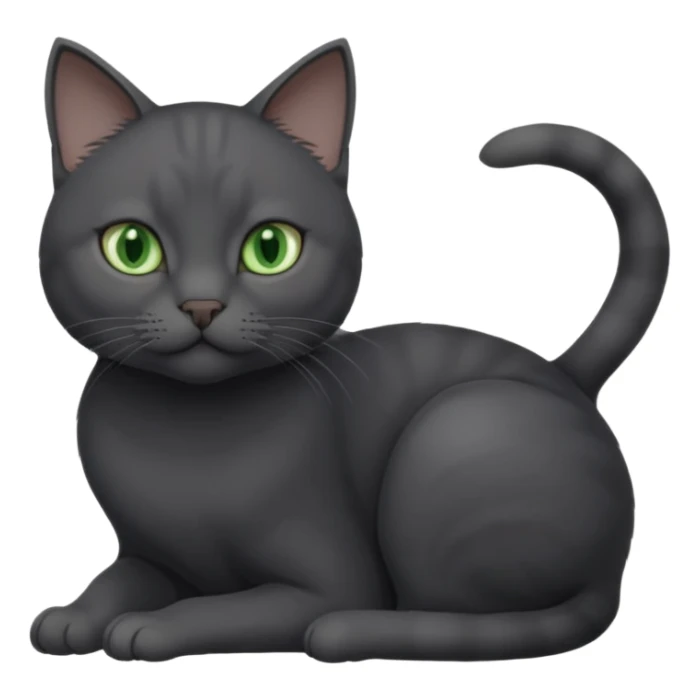 beautiful female solid dark grey cat with green eyes, white toes/paws and white patch on her chest playing sticker