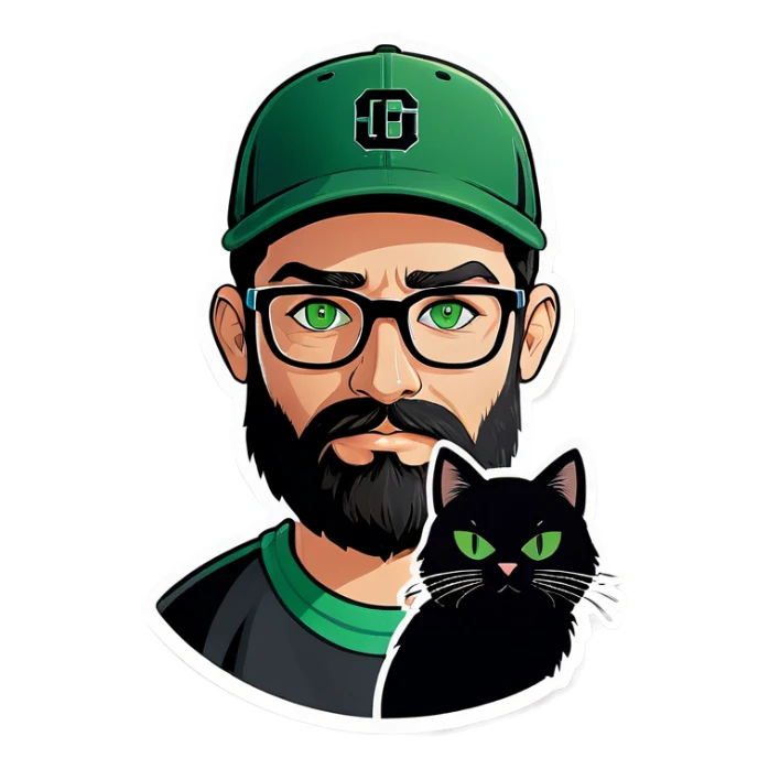 A bold man with a grey baseball cap, green eyes, big beard and glasses holding a black cat sticker