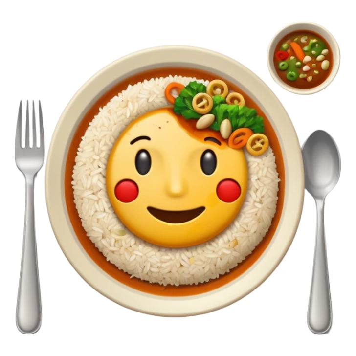  dirty plate after eating, leftover food scraps, vegetable pieces, rice grains, sauce stains on the plate, fork and spoon placed beside the platerealistic food leftovers, clean and simple background, soft lighting, high quality, emoji style sticker