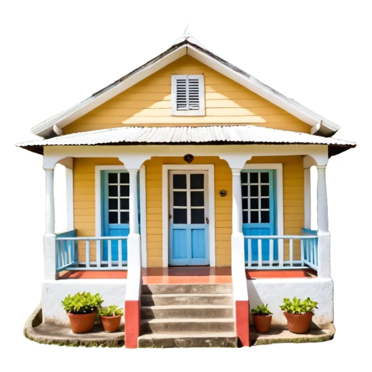 A typical wooden house from rural Puerto Rico with a central functional door, two symmetrical windows, a front porch with open railings, a rocking chair, and a small garden. The house should look humble but well-maintained, evoking warmth and authenticity. sticker