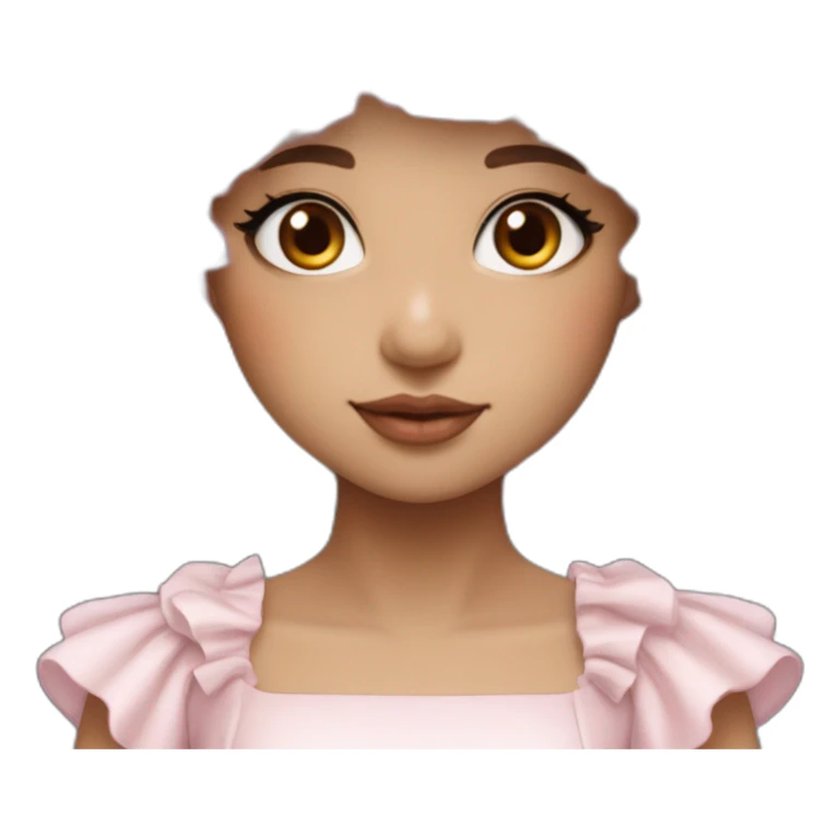 •	Pale pink hair 	•	Youthful facial features 	•	Fluffy hat with a rounded shape 	•	Dress with lots of frills sticker