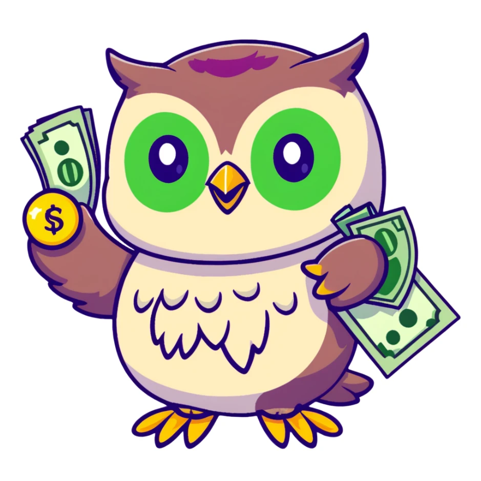 wealth luck symbolizing owl character, large green eyes, golden feathers, holding a money pouch in its feet, pastel tones, sticker style, rounder and cuter sticker