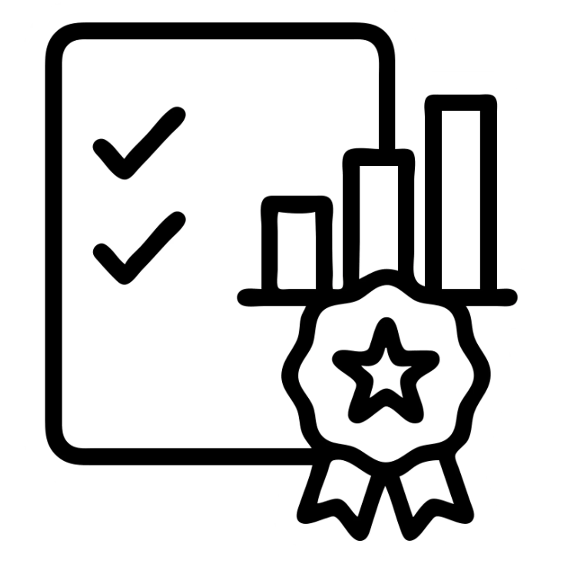 black and white outlined icon representing results of a training, simple and clear, could show a checklist, a chart, or a certificate sticker