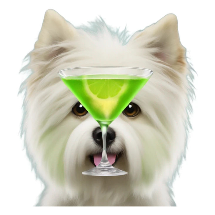 lime green fluffy dog with pointy ears and a martini sticker