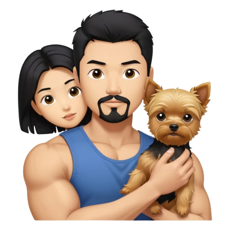  Holding a blonde yorkie. Dark haired Korean Asian handsome man with black pointy hair full goatee and biceps sticker