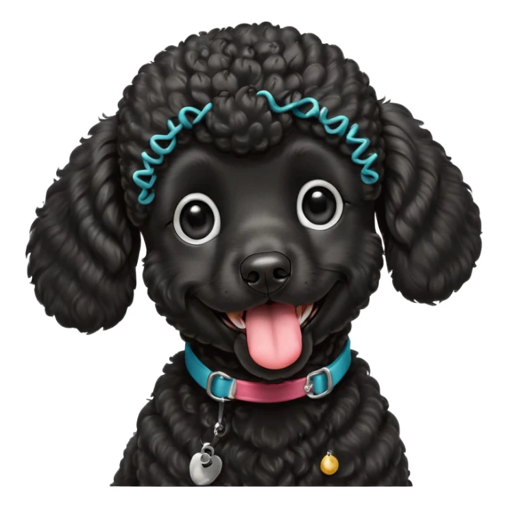 A high-resolution square-format digital illustration of a black poodle in a clean, semi-realistic style. The poodle is shown from the chest up, facing forward with a slight tilt of the head to the left, tongue out playfully. sticker