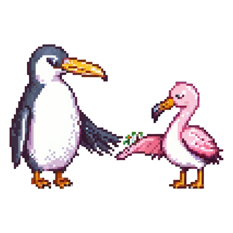 penguin and flamingo shaking hands, simple, no text sticker