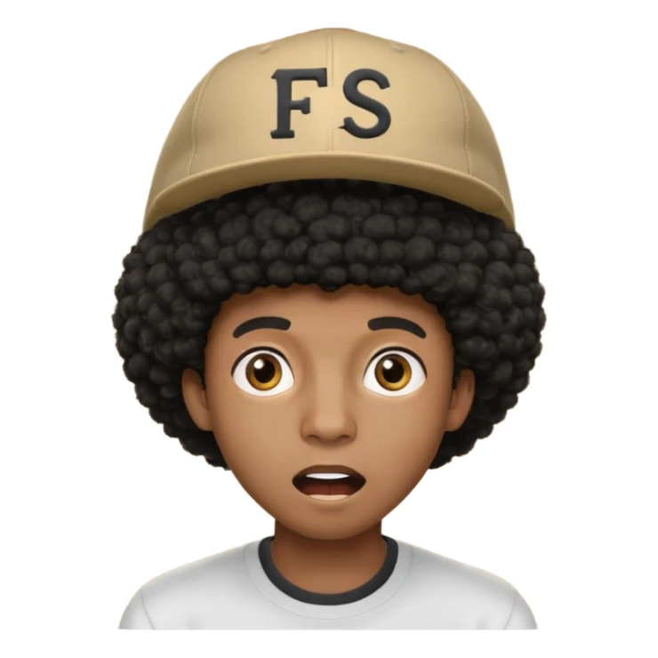 young black male with afro hair, surprised, wearing a cap with 'FS' logo sticker