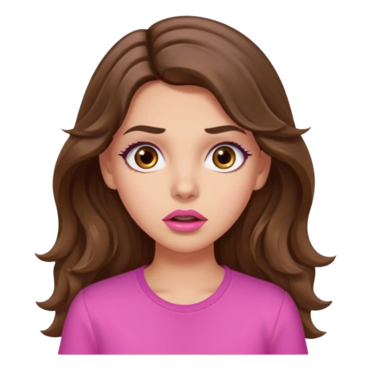 girl with long wavy brown hair, brown eyes, light to medium complexion, in a pink shirt, pink lips, long lashes, surprised sticker