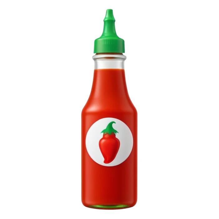small upright squeeze bottle of sriracha sauce, bright red with distinct green nozzle cap, slightly translucent showing thick glossy red sauce inside, simple shape, no label or branding, no dish or extras, apple emoji style, soft lighting, subtle shadows, emoji scale sticker