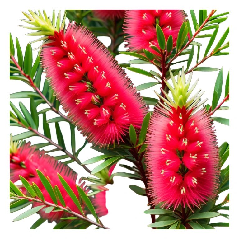 Cinematic Realistic Callistemon Emoji, Vibrant and striking, with spiky red flowers resembling a bottlebrush. The slender leaves create a fine backdrop to the bold blooms, while the plant exudes energy and vitality. Soft glowing outline, capturing the essence of strength, color, and natural beauty in a brilliant callistemon tree! sticker