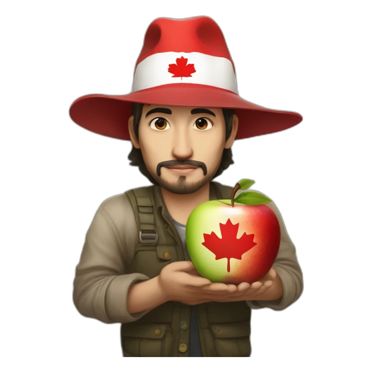 Justin Trudo with Canadian flag big hat, keep in one hand an apple which hi is bite, and in another hand he keep analog vera lofe sticker