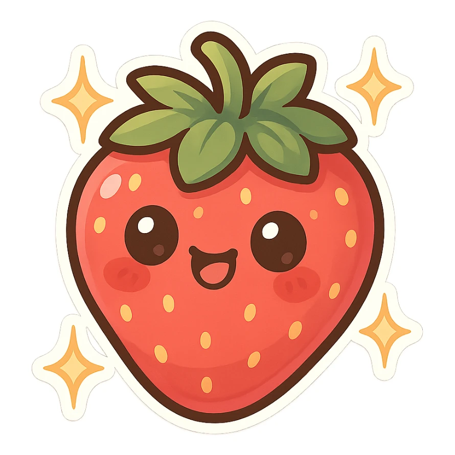 chibi sticker-style strawberry with sparkles, cute and exaggerated sticker