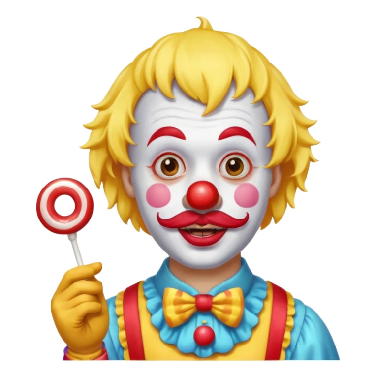 Funny clown — yellow wig, mustache, candy in hand sticker