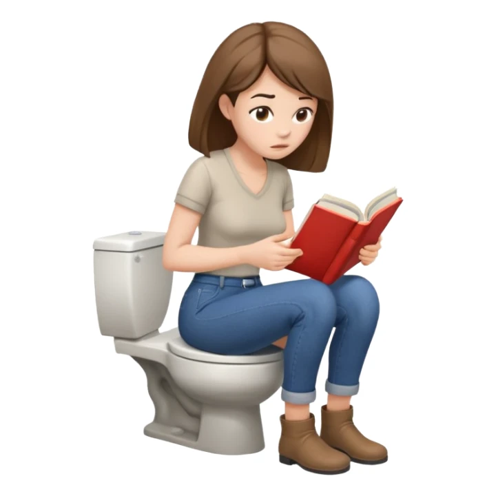 A woman is sitting on the toilet, her pants are pulled down and she it reading a book. She is struggling because she tries to poop. Side view sticker