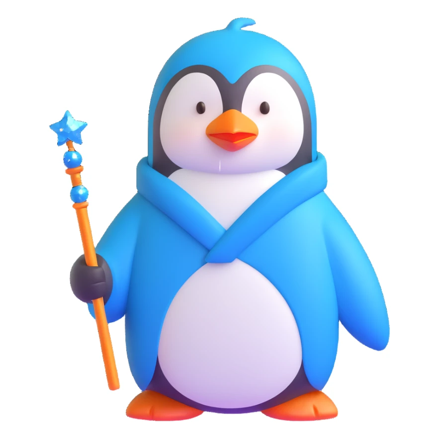penguin wizard with a blue robe and sparkly wand sticker