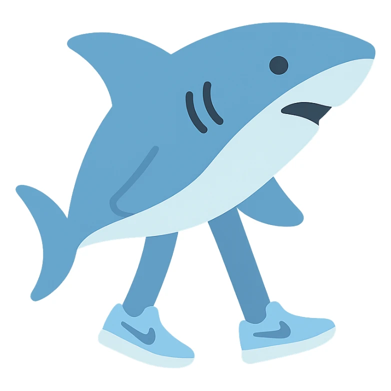 shark with three legs, wearing light blue Nike shoes, icon style, minimal color sticker
