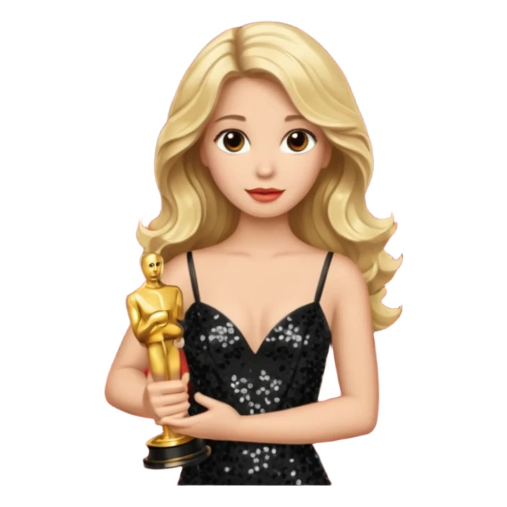 blonde model, brown eyes, long wavy hair, oscars red carpet, black sequin, holding oscar sticker