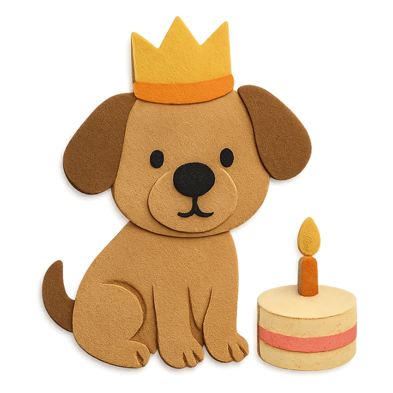 puppy with a birthday crown sitting beside a mini cake, paper-craft style sticker