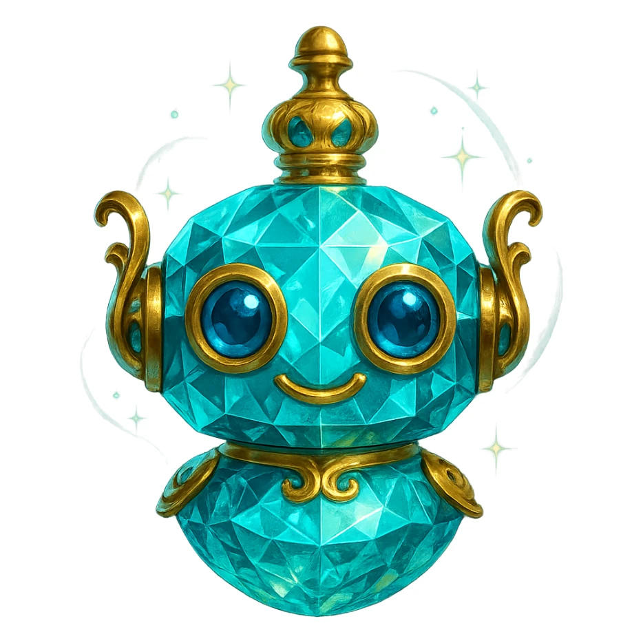 crystal, luxurious elixir bottle in the shape of a cute robot head, cyan color, lots of glowing, facets, ornaments, golden details, magical effects, very small almost invisible neck, transparent background, beautiful merging bottom, clearly floating in the air, no base or shadow, very luxurious, friendly, playful, matching the collection sticker