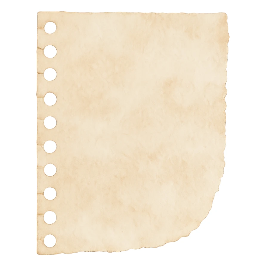 faded beige torn notebook paper scrap with spiral edge, watercolor texture, transparent background, no face, no hands, no legs, no characters sticker