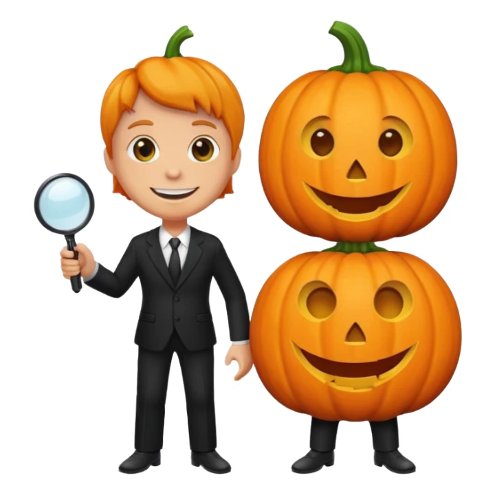 A pumpkin smiling at a magnifying glass (the magnifying glass has a suit thats black, the magnifying glass also has one eye in the middle turn the magnifying glass into a living person give the magnifying glass Normal looking eyes and give it actual arms and legs  sticker
