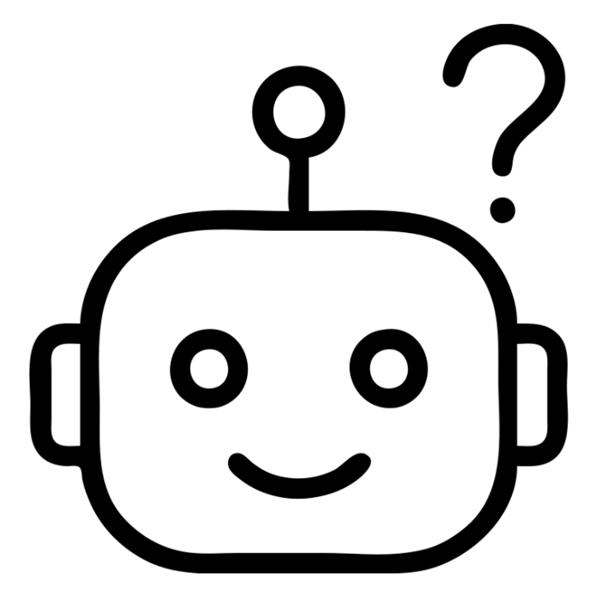 a helpful robot face with a question mark, simple outlined icon style, no background sticker