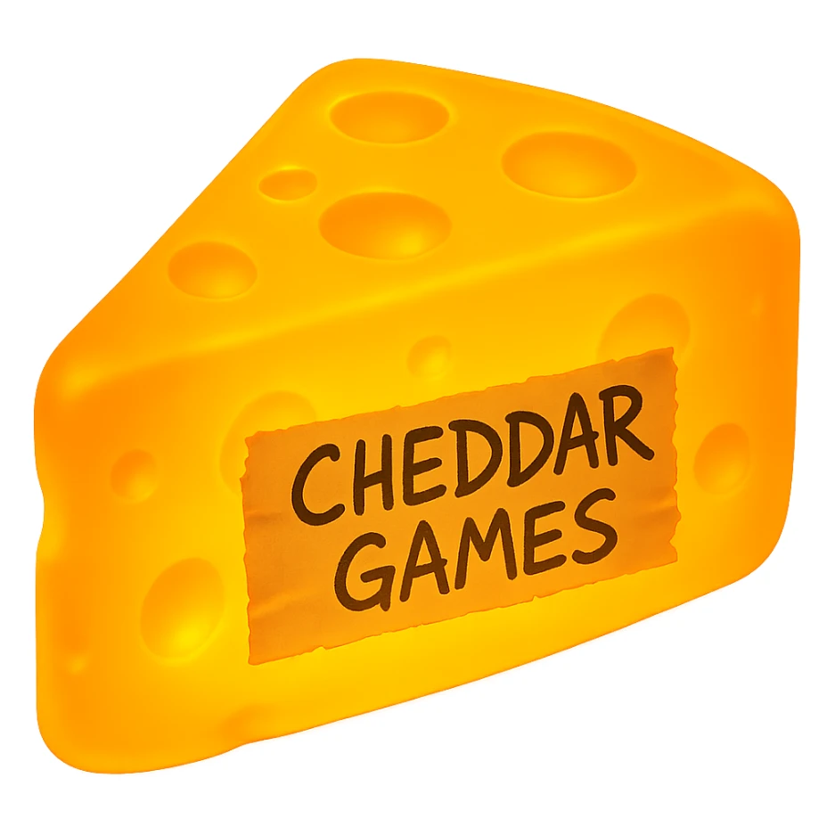 Make the cheese glow and add a piece of torn tape centered on the side that says 'Cheddar Games' in messy sharpie handwriting. Keep the style and shape the same. Remove the background. The original style is a simple cheese illustration, please maintain that look. sticker