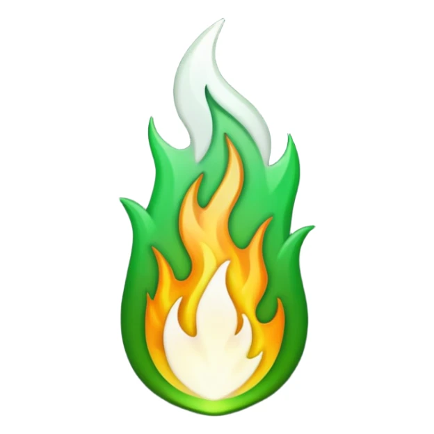 dark green and white flame, elongated flame shape, emoji style, transparent background sticker