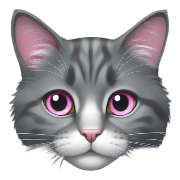 fluffy dark grey cat, pink nose, light lgreen eyes, white long whiskers, white spots near the nose, white breast, the cat's fur is soft. sticker